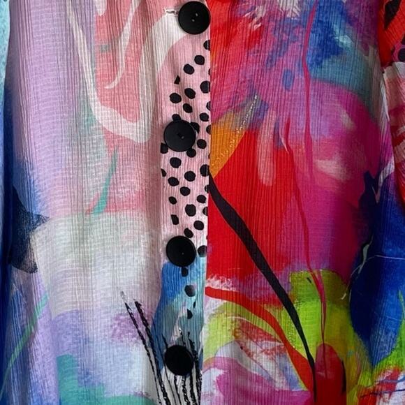 Ali Miles Colorful Abstract Print Artsy Top Pockets Button Front 3/4 Bell Sleeve - Picture 7 of 13